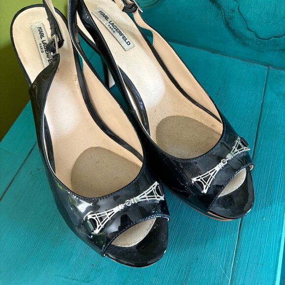 Karl Lagerfeld Pump Heel Sandal Leather Peep Toe Slingback Buckle Black 10 - Picture 1 of 3